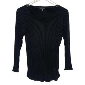 Eileen Fisher S Black Stretch Rib Knit Scoop Neck Top Long Sleeve Minimalist
